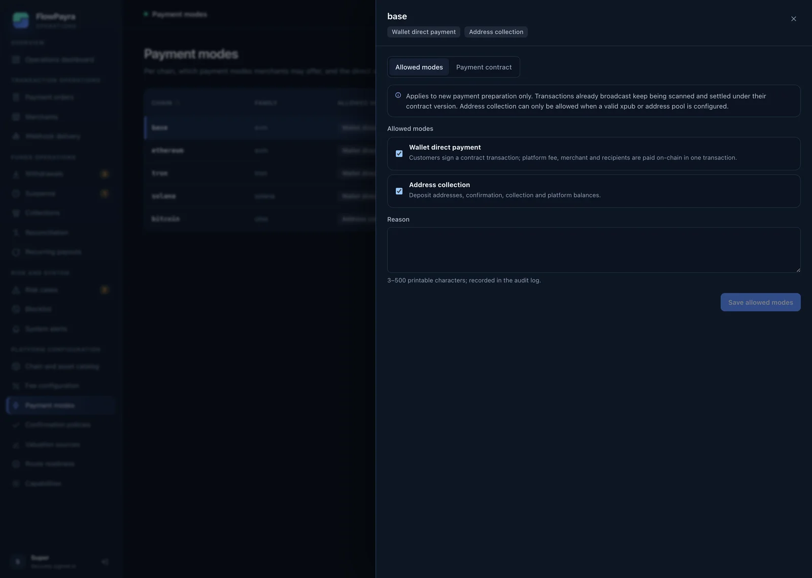 Operations console — Payment mode policy
