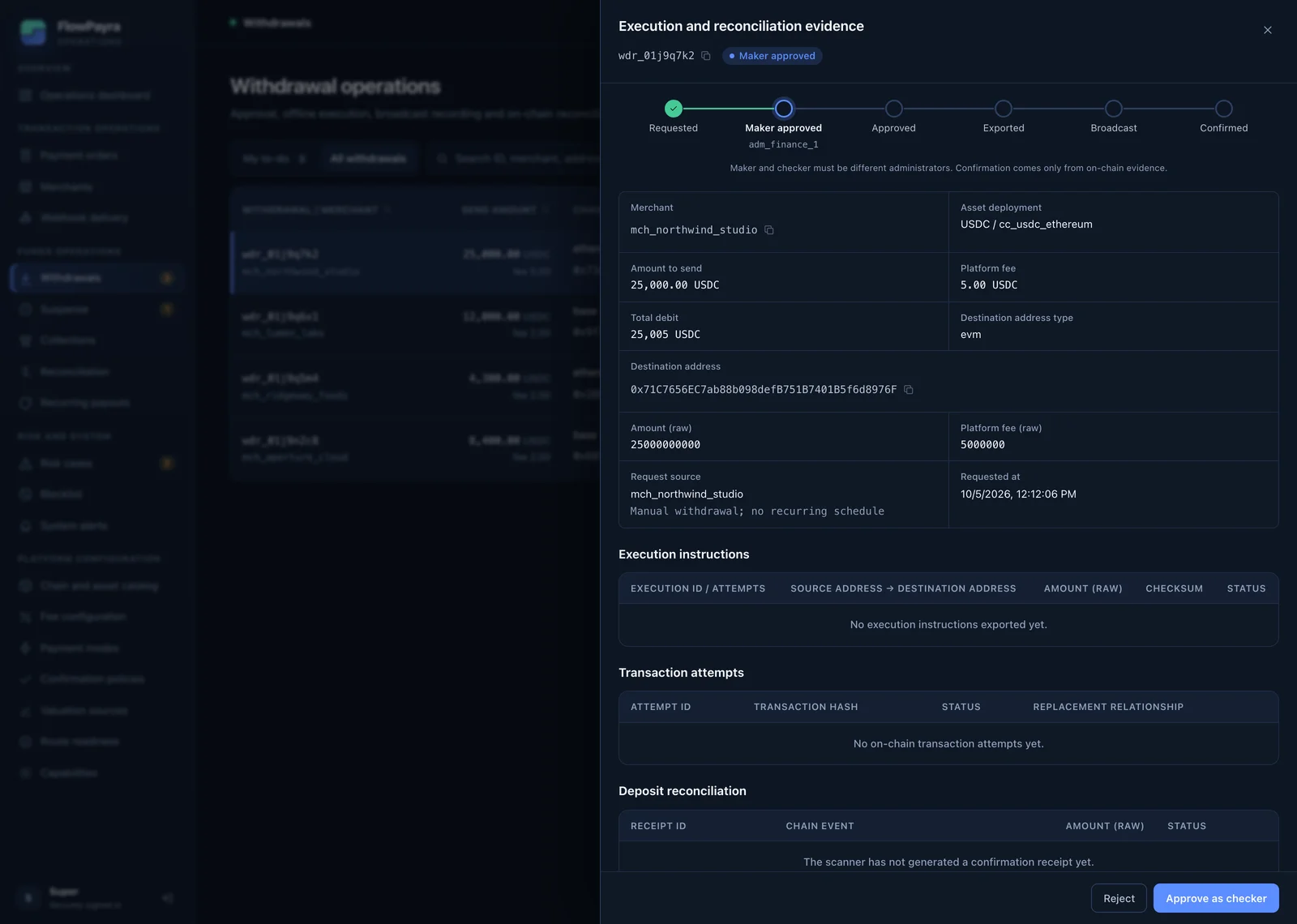 Operations console — Withdrawal review